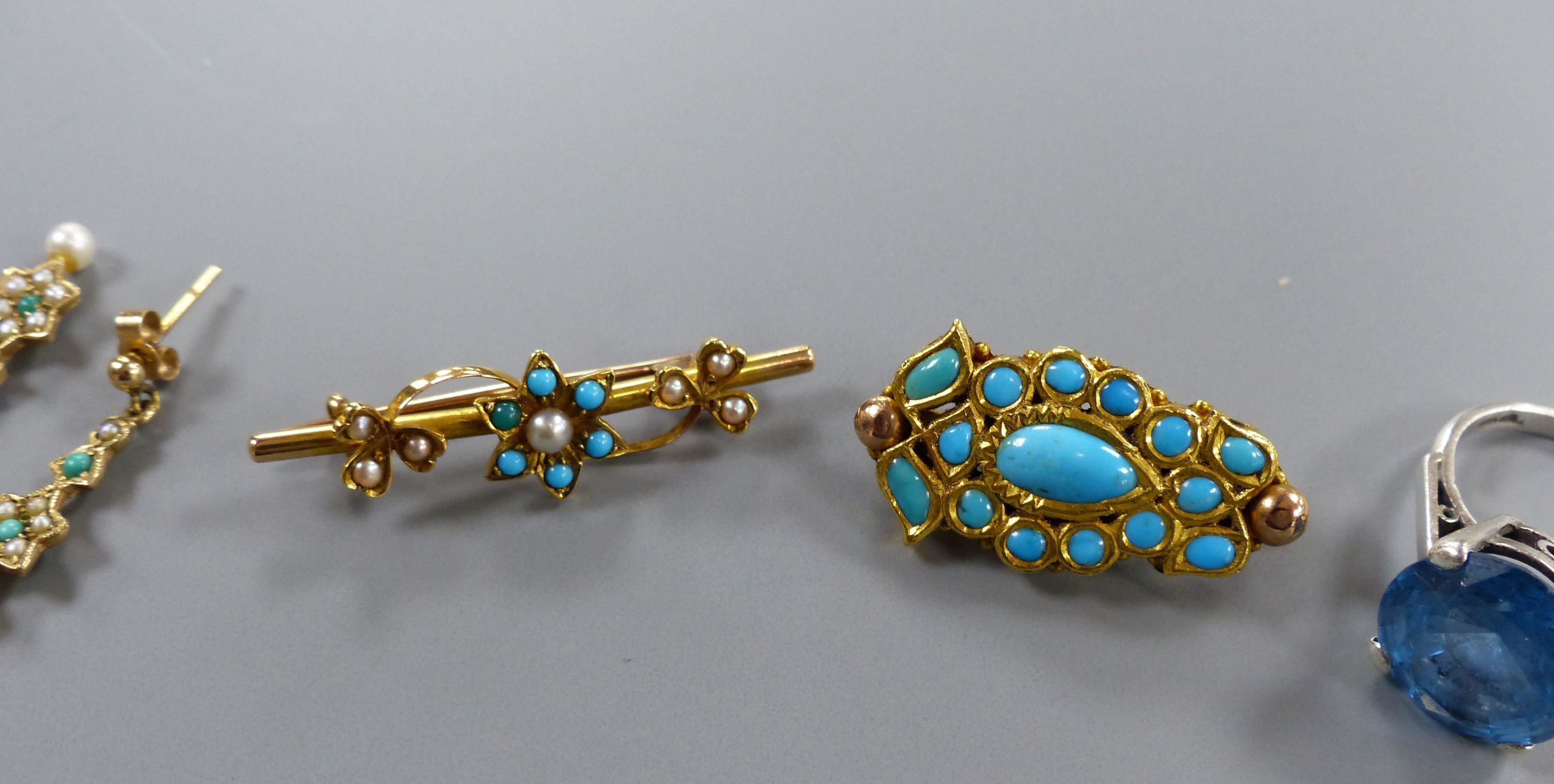 A pair of 9ct gold seed pearl and turquoise set earrings and three other items,